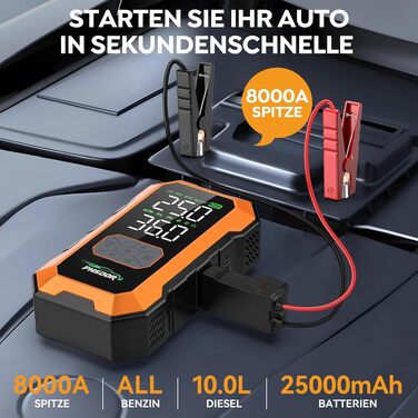 Пусковий пристрій (бустер) 8000A з компресором 150PSI та Powerbank 25000mAh для авто (бензин до 12л, дизель до 10л), з LED-ліхтарем, помаранчевий