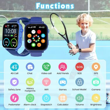 Дитячий розумний годинник з GPS та телефоном, 4G, блакитний. З відеодзвінками, чатом, SOS, ігровими функціями, будильником, шкільним режимом. Подарунок для хлопчиків та дівчаток 4-12 років.