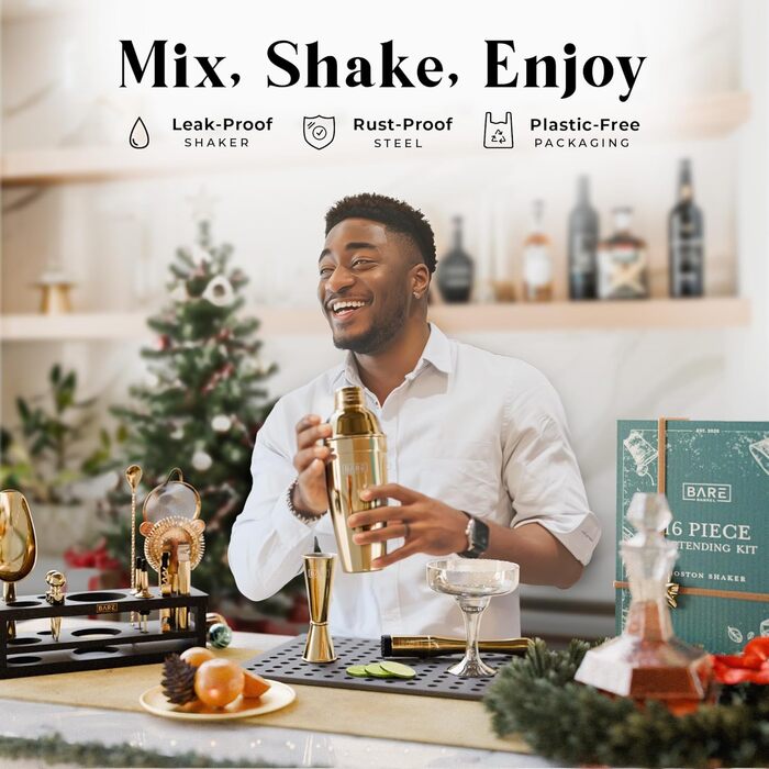 Набір бармена BARE BARREL® для приготування коктейлів | 16 предметів | Шейкер, барний аксесуар, інструменти для дому | 35 рецептів | Подарунковий набір