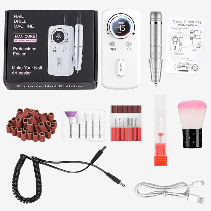 Професійний портативний фрезер для нігтів 45000 об/хв з LCD-дисплеєм - для акрилу та гелю, 11 насадок, рожевий/білий