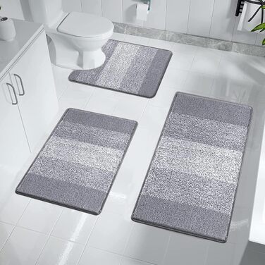 Enyhom 3-Piece Microfiber Bath Mat Set - Non-Slip Bathroom Rugs & Toilet Mat Set - Soft & Washable - Grey - 45x65cm, 50x80cm, 50x60cm