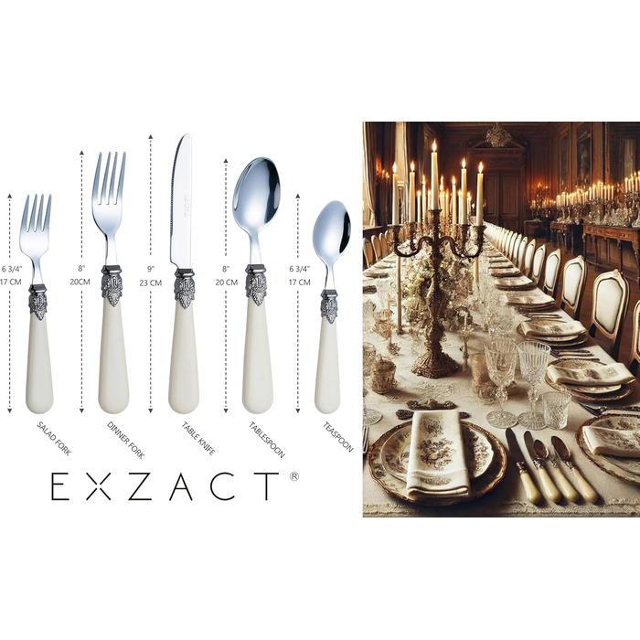 EXZACT Ivory Creme Flatware Set, 20 Pieces, Stainless Steel with Detailed Handles, Traditional, Elegant, Vintage Style/Antique