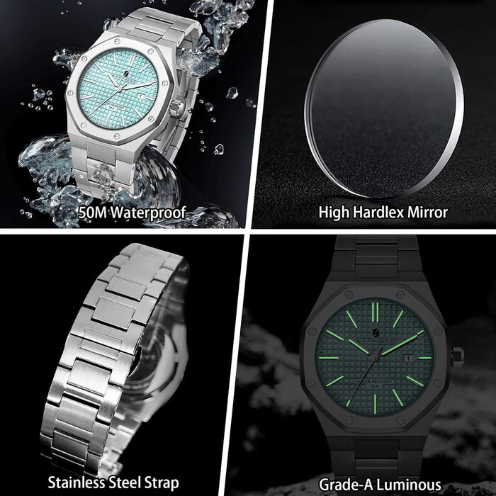 Годинник SAPPHERO для чоловіків: водостійкий годинник з нержавіючої сталі, кварцовий механізм, дата, срібний колір, бізнес-стиль