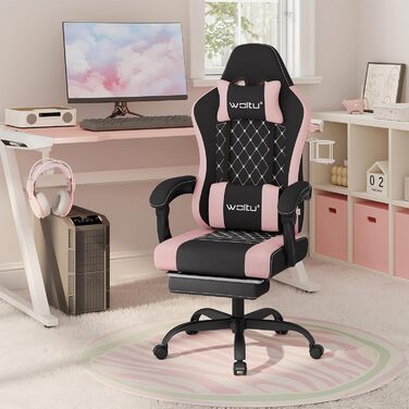 WOLTU Gaming Chair with Massage Function, Computer Chair with Pocket Spring Cushion, Ergonomic Gamer Recliner, Swivel Chair with Headrest, Lumbar Pillow, Footrest, Mesh Fabric, Black+Pink, GS15swr Black+pink Mesh Fabric