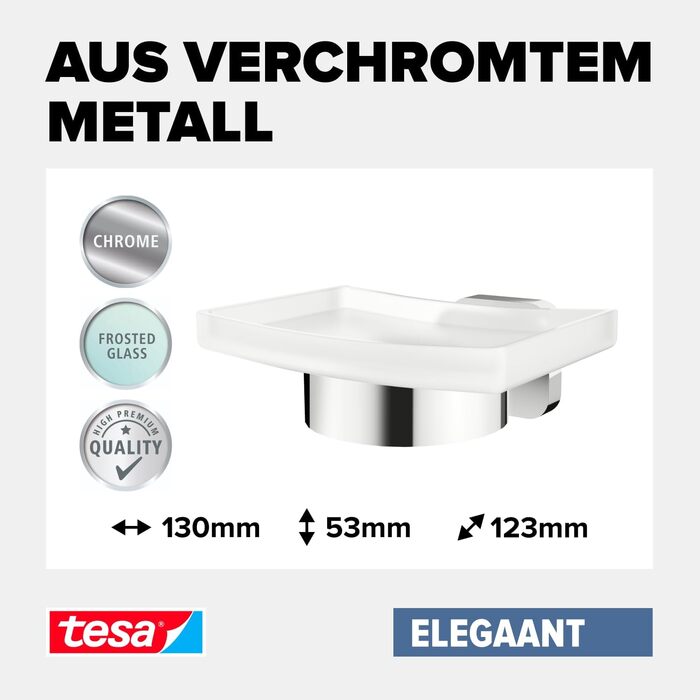 tesa ELEGAANT Soap Dish with Wall Holder, Satin Glass and Chrome-Plated Stainless Steel - for wall mounting without drilling, incl. adhesive solution - 79mm x 124mm x 119mm