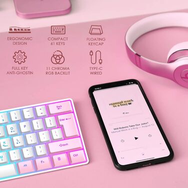 Комплект ігрового аксесуара 4 в 1: Клавіатура, миша, навушники та килимок для миші. Біло-рожевий