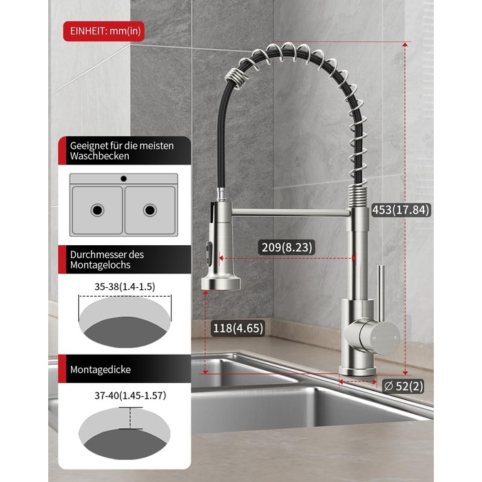 Кухонний змішувач Rainsworth з нержавіючої сталі з двома режимами струменя та висувною лійкою, 360° обертання, висота 45 см
