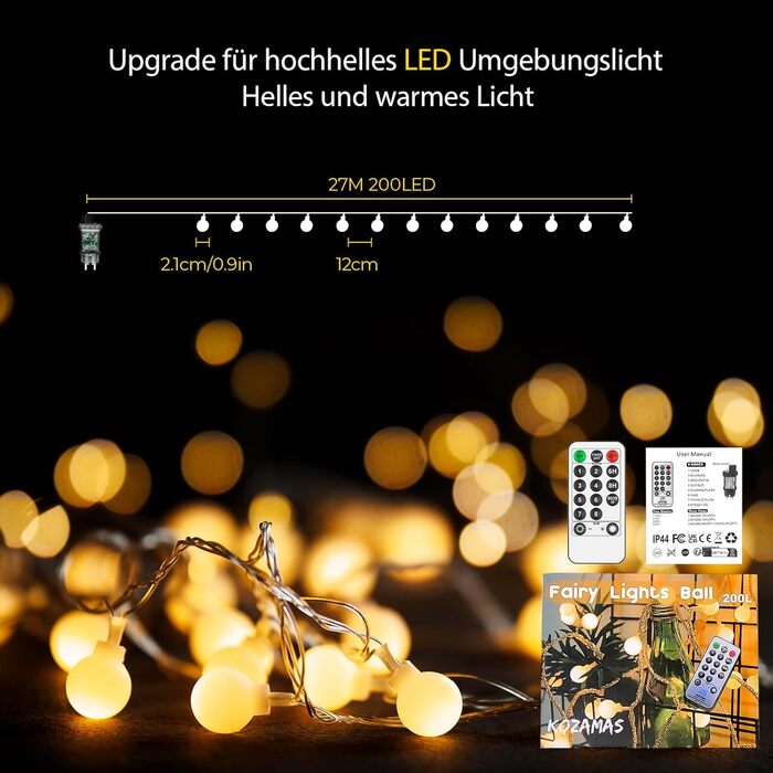 Гірлянда світлодіодна 15м 100 LED, 8 режимів, IP44, для дому та саду, дитяча кімната, декор тераси/балкону