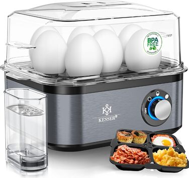 Електричний яйцеварка KESSER® на 1-8 яєць з нержавіючої сталі, 500W, з функцією підігріву, LED-регулятор, 3 ступені нагріву, BPA-Free, придатний для миття в посудомийній машині, мірний стакан, тримачі для яєць та форма для омлету, колір: антрацит