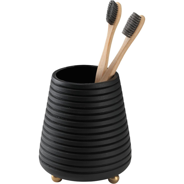 Folkulture Bathroom Toothbrush Holder, Modern Wooden Toothbrush and Toothpaste Holder (Black Grooves)