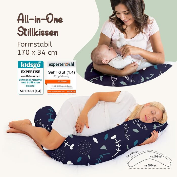 Подушка для вагітних Joyfill Stillkissen XXL, тестування акушерками, подушка для сну на боці, подушка для годування, темно-синій, 170 см