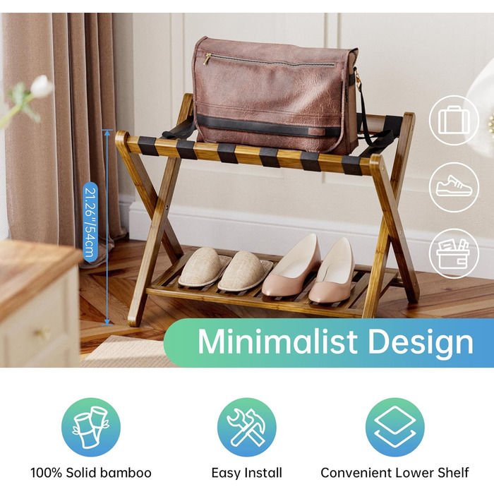 SMIBUY Luggage Rack, 2-Piece Set, Folding Bamboo Suitcase Stand with Shelf for Guest Room, Bedroom, Hotel, Heavy-Duty (Walnut)