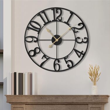 Maxstar Modern Roman Numeral Large Wall Clocks, Non-Ticking Round Metal Silent Vintage Wall Clock for Living Room, Kitchen, Bedroom, Garden Decor - Gold (Black Arabic, 40CM)