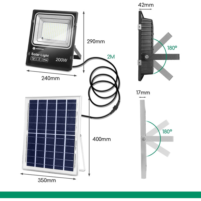 Aigostar Solar Flood Light Outdoor, Super Bright LED Floodlight with Solar Panel, Cool White 6500K, IP66 Protection Rating Solar Floodlight Spotlight Outdoor Floodlight for Garden, Door, Yard, Garage, etc. (200W)