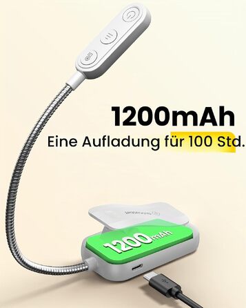 Світлодіодна лампа для читання Glocusent на прищіпці, USB-аккумуляторна книга-лампа з 20 LED, 5 режимів кольорової температури та регулюванням яскравості, гнучка на 360°, білий колір