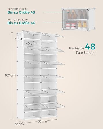 SONGMICS 10-Tier Shoe Rack, Shoe Cabinet, 30 x 40 x 30 cm per compartment, slim, with doors, steel frame, plastic, for hallway, bedroom, entrance area, LPC035B01 (12 compartments (124.4B x 124.6H cm), White)