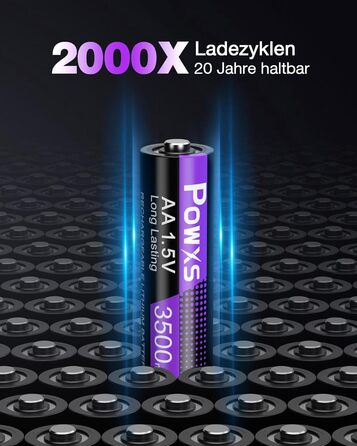 Акумулятори POWXS 8x 3500mAh AA Lithium з 8-порідним швидким зарядним пристроєм з LCD-дисплеєм | Швидка зарядка та стабільна напруга 1.5V | Для геймпадів, LED-ліхтарів, пультів дистанційного керування