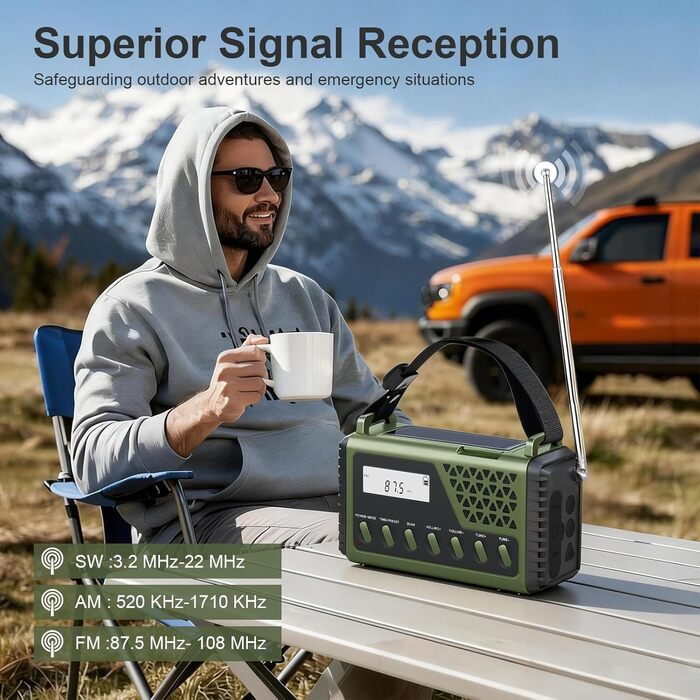 Сонячне радіо на ручку з Bluetooth, AM/FM/SW аварійне радіо з Powerbank 10000mAh, радіо на батарейках з SOS-сигналом, компас, LED-ліхтарик, лампа для читання, для відключення електроенергії, виживання, кемпінгу