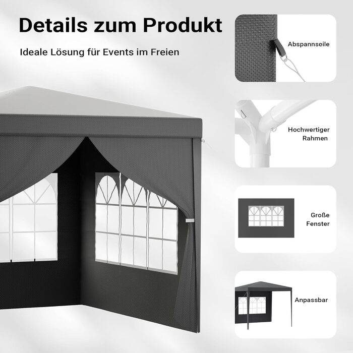 Toboli Pavilion 3 x 3 m in Grey with UV Protection 50+, Garden Pavilion with Removable Sides, Party Tent with Windows for e.g. Terrace and Festival