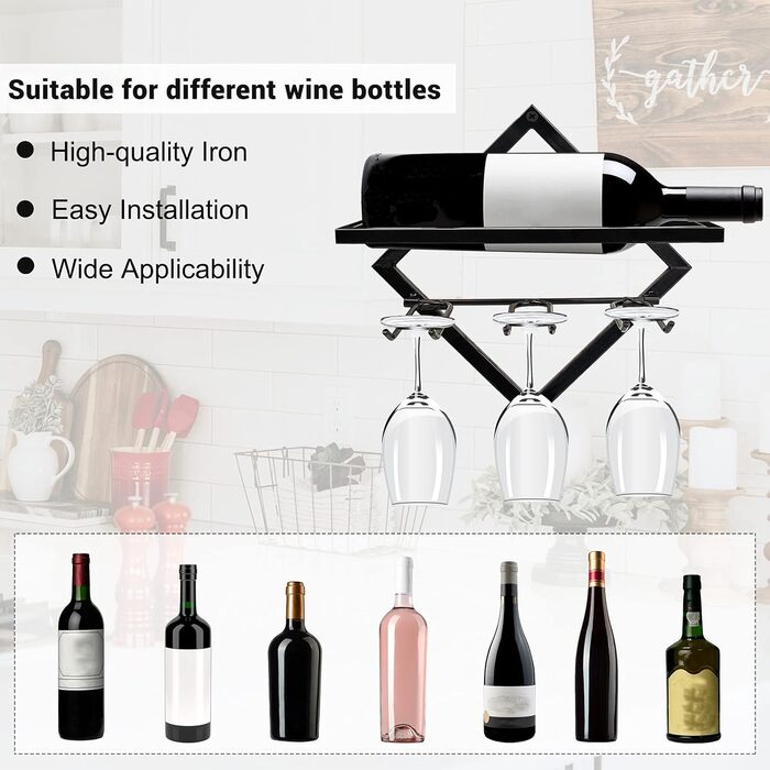 2pcs Metal Wall Mounted Wine Rack Stemware Glass Rack, Foldable Wall Hanging Red Wine Shelf Organizer with 3 Stem Glass Holders, Black Wine Bottle Hanger for Home Kitchen Bar Wall Decor