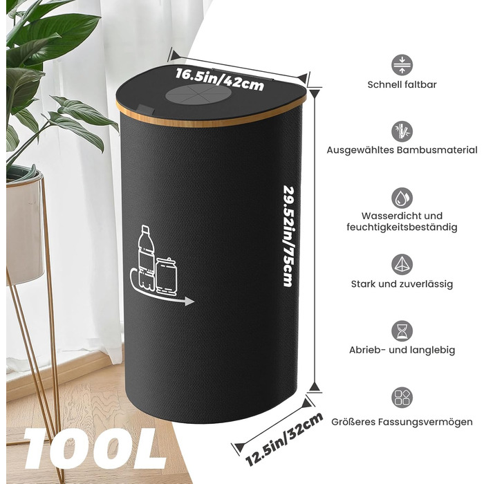 Laundry basket with 2 compartments, deposit bottle collection container with lid, container for deposit bottles & glass recycling & paper waste, deposit bottle container bamboo with bag, must have (Beige-d, 100L)