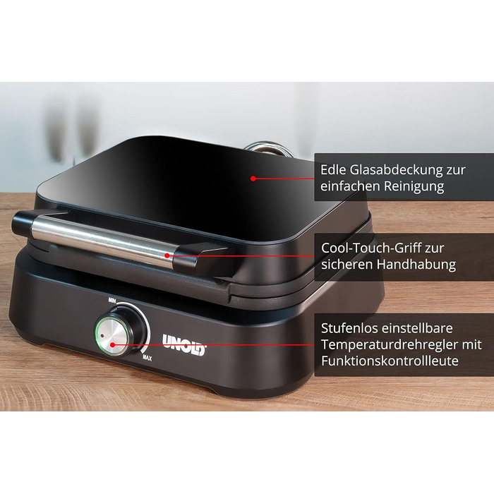 Вафельниця Unold 48275 Belgisches Waffeleisen Brüssel: подвійний автомат, регулювання температури, антипригарне покриття, 1500 Вт, чорний