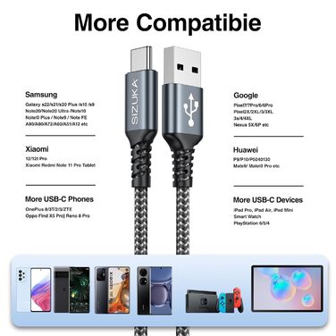 Кабель USB-C [3 шт, 2м] для Samsung Galaxy: швидка зарядка, три пакети