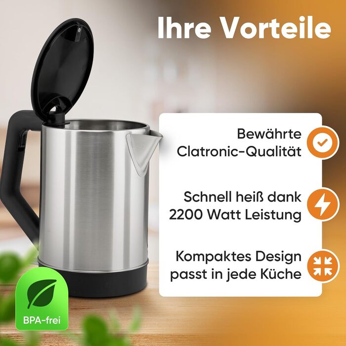 Електричний чайник Clatronic WKS 3692: 1,5 л, нержавіюча сталь, без BPA, з автовимкненням