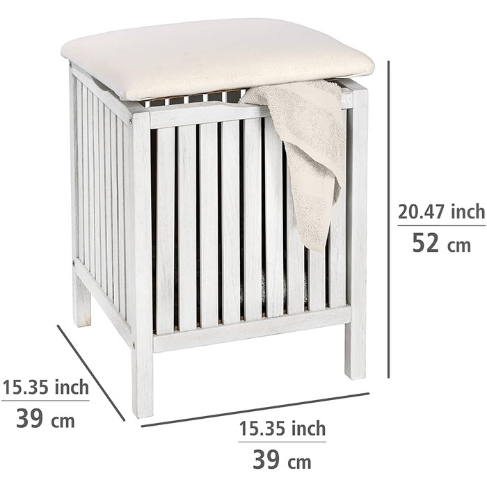 WENKO Badhocker Norway with Laundry Hamper, Storage Ottoman with Padded and Flip-Up Seat as Lid, Solid Walnut Wood, Oiled, Capacity 65 L, (W x H x D): 39 x 52 x 39 cm, Natural (White)