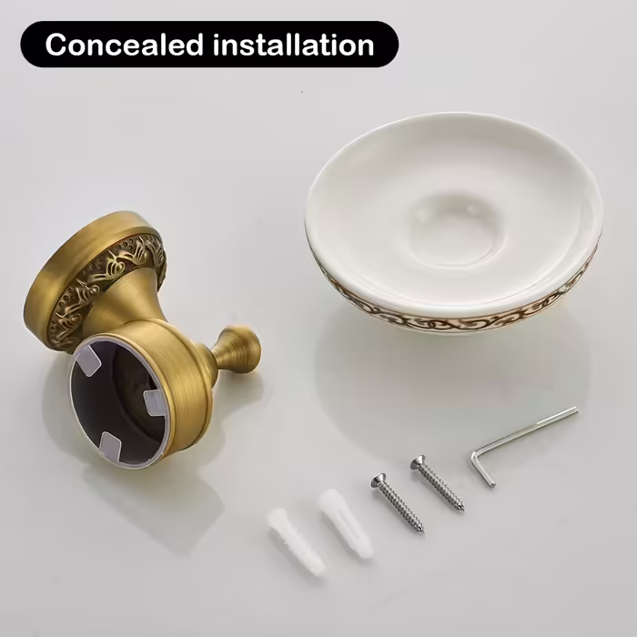 CASEWIND Soap Dish Antique, Vintage Wall Soap Holder, Retro Brass Ceramic Soap Shelf with Drill Wall Mounting Nostalgic for Shower