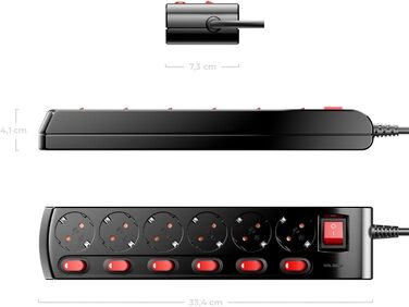 Многофункціональна мережева стрічка deleyCON з 6 розетками та індивідуальними вимикачами (3м, чорна)