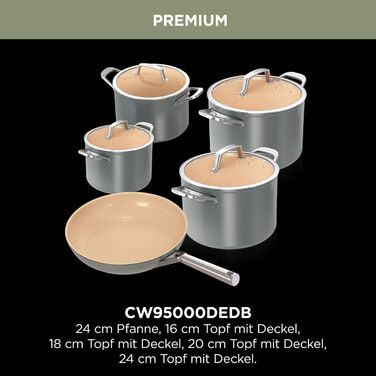 Ninja Extended Life Ceramic Cookware Set - 5 Piece (20 & 24 inch Saute Pans + 16, 18 & 20 inch Pots with Lids), Non-Stick (PFOA, PFOS Free), Oven Safe, Grey & Terracotta