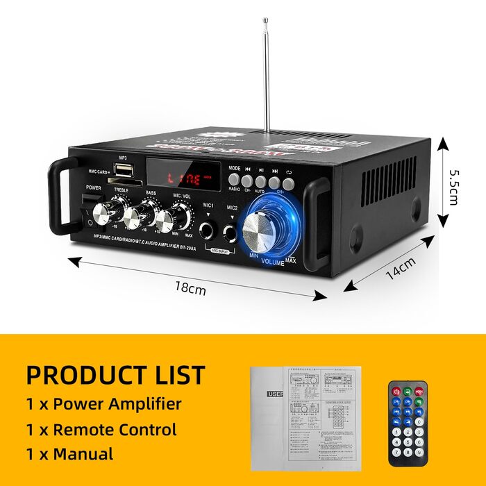 Міні підсилювач HiFi стерео 300Вт+300Вт, бездротовий аудіо підсилювач Bluetooth 5.0, MP3, SD, USB, FM, цифровий приймач для домашніх колонок