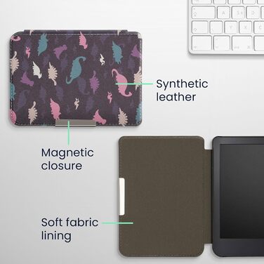 Чохол-книжка kwmobile для Kobo Clara 2E / Tolino Shine 4 - з візерунком єгипетських ієрогліфів, золото-чорний (різнобарвні динозаври, фіолетовий, жовтий, блакитний)