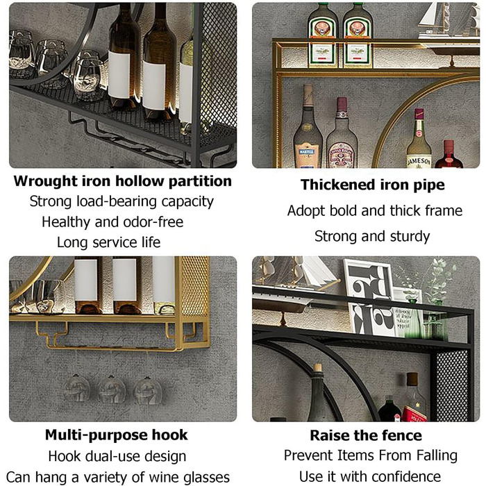 Стильна металева вітрина для вина на стіну, 3-ярусна, золото (140x15x80 см)
