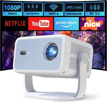 Портативний проєктор LYNCAST з Wi-Fi та Bluetooth, Android 11, 1080P/4K, поворотний на 180°, для домашнього кінотеатру та на відкритому повітрі (LumeCube 018 White)