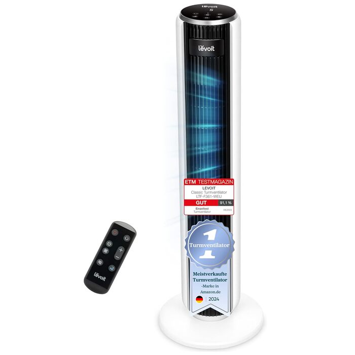 Турбовентилятор Levoit з тихим режимом сну, таймером 12 год, 4 режими, 5 швидкостей, авто-режим з датчиком, осциляція, пульт керування, білий, 92 см