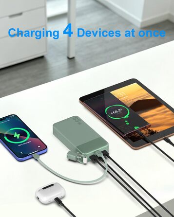 Повербанк NOBIS 20000 mAh 65W з вбудованим кабелем, швидка зарядка, 2x USB-C та 2x USB-A, для ноутбуків, планшетів та смартфонів (Зелений)