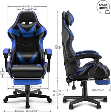 Геймерське крісло Soontrans CK001 Racing: з підставкою для ніг, подушкою для шиї та попереку, підлокітниками, функцією відкидання, для стрімінгу Xbox (Синій)