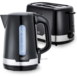 Набір чайник та тостер KHG | Чайник 2.200 Вт, тостер 850 Вт | Об'єм 1,7 л, 2 тости | Чорний кухонний набір з фільтром від накипу та піддоном для крихт