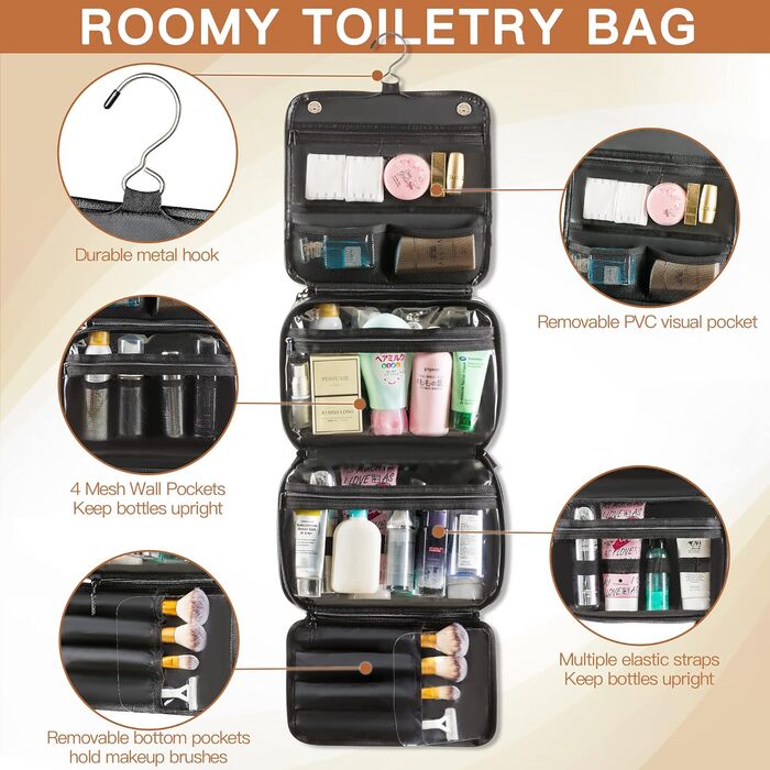 Чоловіча косметичка Elviros з PU-шкіри, 3 в 1, велика, водонепроникна, для подорожей, чорна