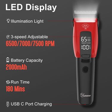 Професійна машинка для стрижки собак Hatteker: електрична, бездротова, з підсвічуванням, 7500RPM, для собак та котів