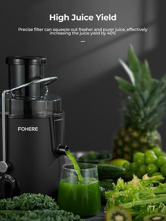 Соковижималка FOHERE для овочів і фруктів, нержавіюча сталь, 400 Вт, центрифужна, 65 мм завантаження, 3 швидкості, захист від перегріву, антикрапельна система, щітка для чищення, чорна