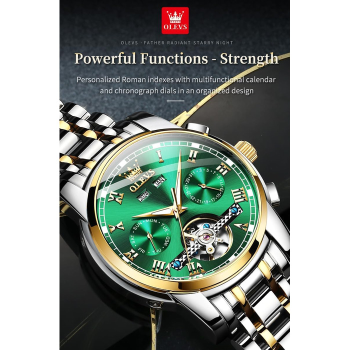Чоловічий годинник OLEVS 6607 Кварцовий зі спортивним дизайном (диск колеса), водонепроникний, сталь, підсвітка, Зелений/Золотий