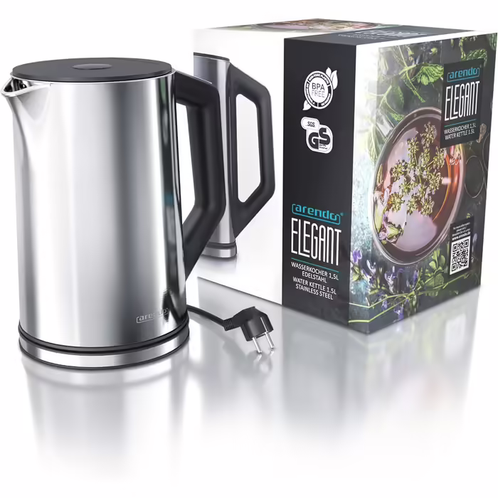 Arendo - Stainless Steel Kettle with Temperature Setting 40-100 Degrees in 5-Degree Increments - Double-Walled Design - Model ELEGANT - 1.5 Liter - 2200 W - Tea Kettle with Temperature Display - GS - Black (C: Silver)