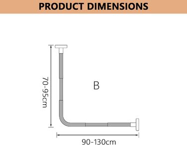 Регульована штанга для душу L-подібної форми без свердління, штанга для душу з нержавіючої сталі 304, розширювана кутаста штанга для душу, без кріплення до стелі, для розмірів (Розмір:Колір:) (Ш 70-95см x 90-130см, Чорний)