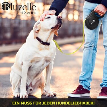 Рулетка для собак Bluzelle 8м, до 50кг, Neon-Yellow, з металевим карабіном 360°, зручний ручний гальма, чорний гумовий ручка