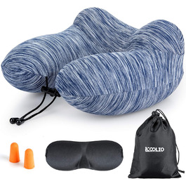 Подушка для шиї у подорожах: надувна, для автомобіля та літака, з маскою для сну, блакитна