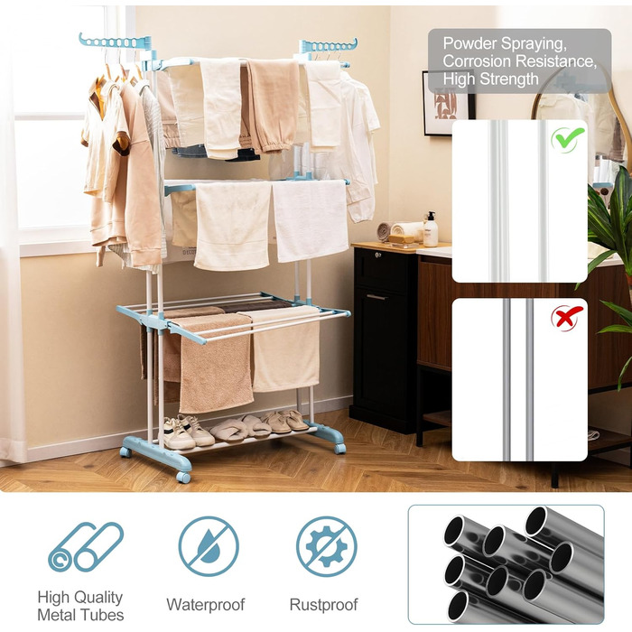 Сушарка для білизни HOMASIS з 4 рівнями, розкладна, на коліщатках, з бічними крилами, 127x63x171cm, 30 кг, світло-блакитна