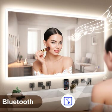 Дзеркало для ванної кімнати STARLEAD з підсвічуванням 100x70 см, Bluetooth, протитуманне покриття, регулювання яскравості, 3 кольори світла, функція пам'яті, IP44, LED, горизонтальне/вертикальне, HD скло, Madrid Silver (Bluetooth)